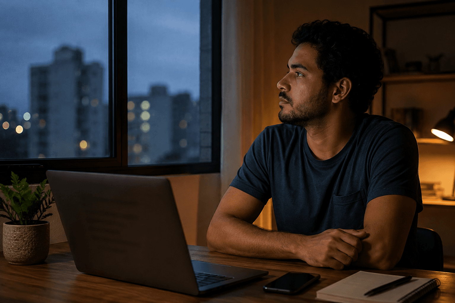 Profissional refletindo diante do computador durante sua busca por oportunidades